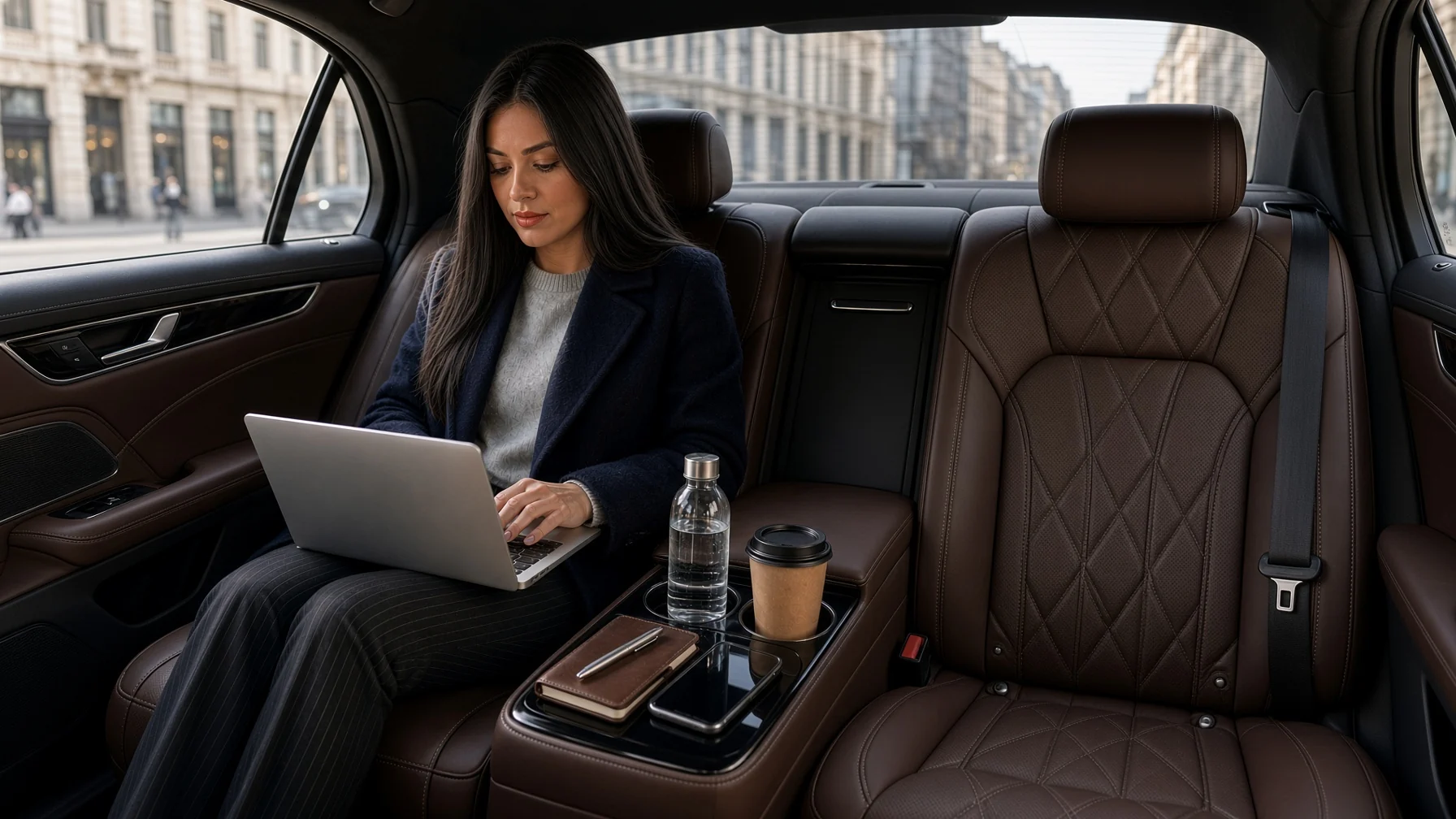 A guest working from the rear cabin of a BCL chauffeur-driven car